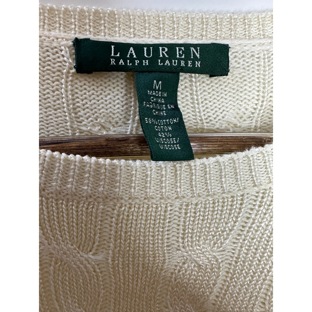 Lauren Ralph Lauren Women Cream Cable Knit Gold Button Shoulder Sweater Medium - Picture 10 of 12
